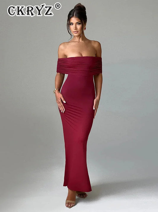 Ladies Summer Off Shoulder Fashion Evening Party Dresses For Women Strapless Backless Ruched Maxi Dress Birthday Clubwear Outfit