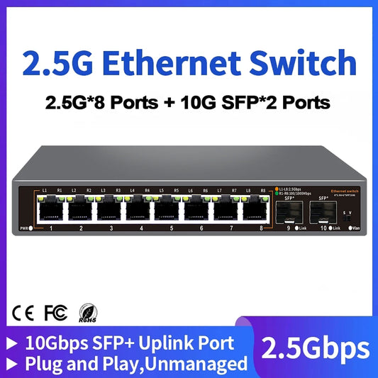 8+2 Ports 2.5G Ethernet Network Switch 2500BASE-TX Switch with 2*10G SFP Port for IP Camera/CCTV Security