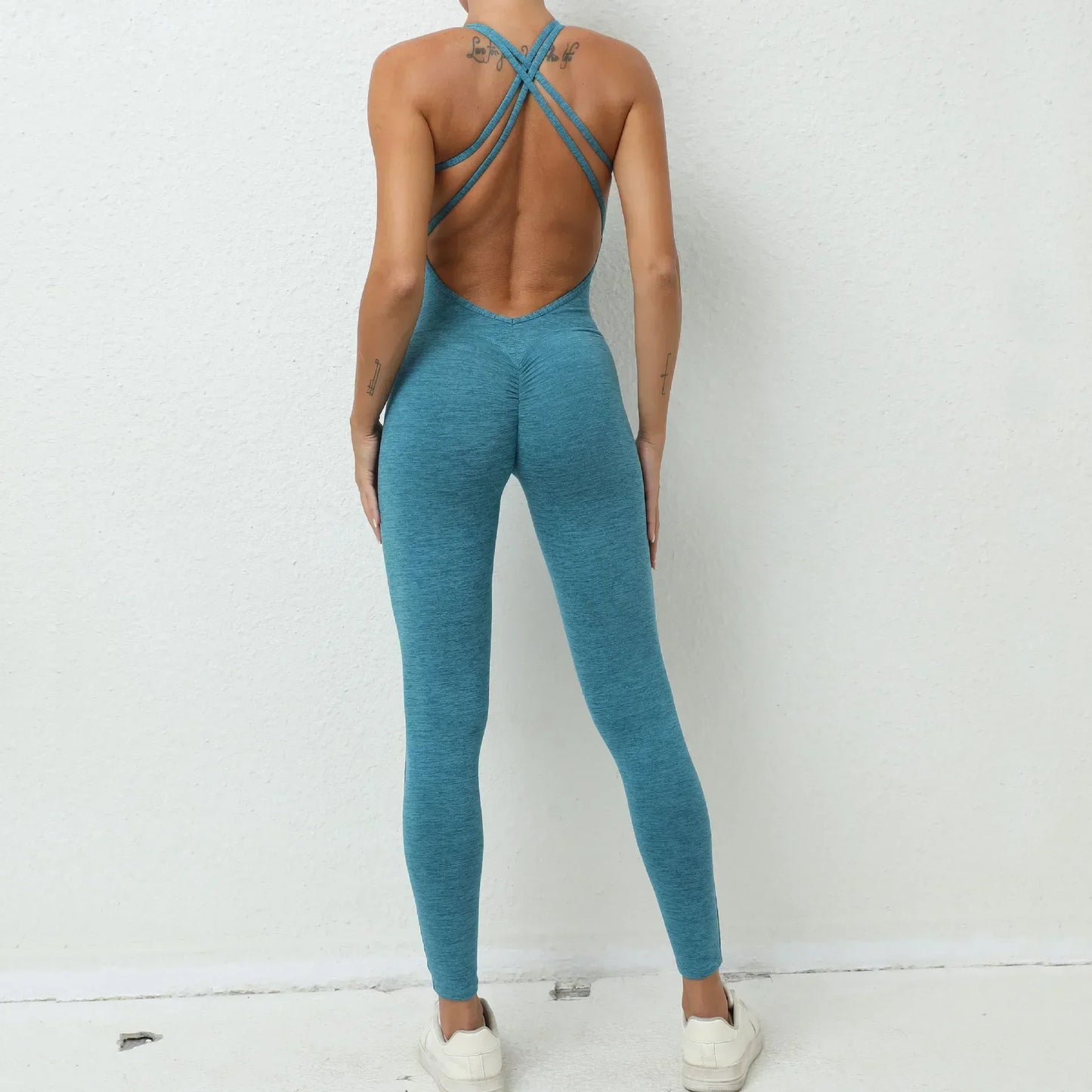 Sexy Backless Bodycon Scrunch Jumpsuit Raises Butt Women Dance Fitness Overalls for Women Sleeveless Yoga Sport Jump Suit Black