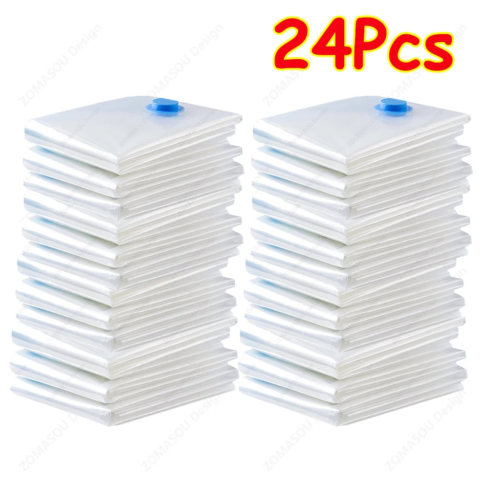 1-24Pcs Reusable Vacuum Storage Sealing Bags with Hand Pump Clear Folding Compressed Space Saving Vacuum Bag for Clothes Travel