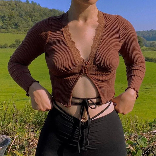 Female Clothing Solid Color Lace Splicing Wood Ear Edge Pit Strip cardigan Long Sleeve T-shirt casual V-neck Top Women's blouse
