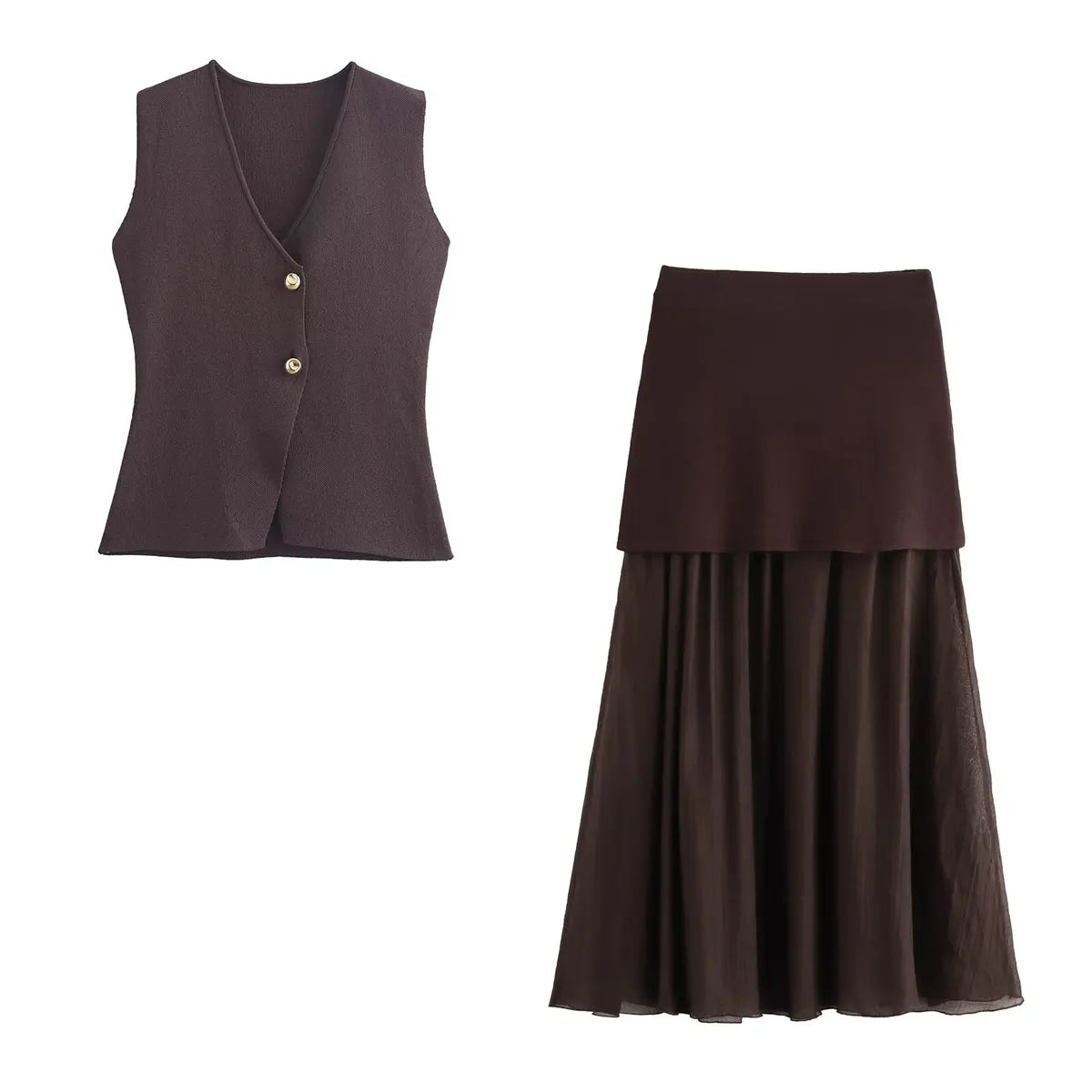 TRAFZA 2025 Women Skirt Set Wine Red Knitted V-Neck Sleeveless Slim Vest +Solid High Waist Zipper Patchwork Long Skirt Street