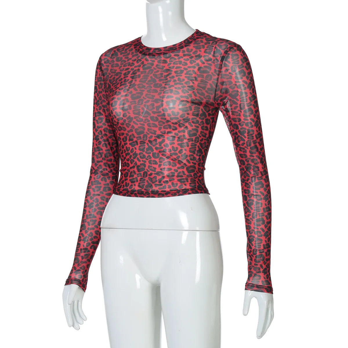 Ladies summer Leopard Print Clubwear Y2K Clothes Women Long Sleeve O-Neck Mesh See Through Slim T Shirt Holiday Streetwear Tees