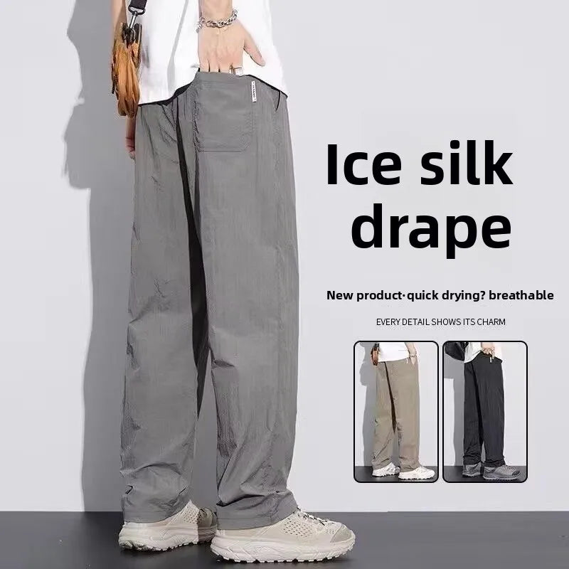 Summer Thin Casual Long Pants Ice Silk Qui Dry Men's Loose Straight Leg Trendy Brand Wide Leg Sports Pants