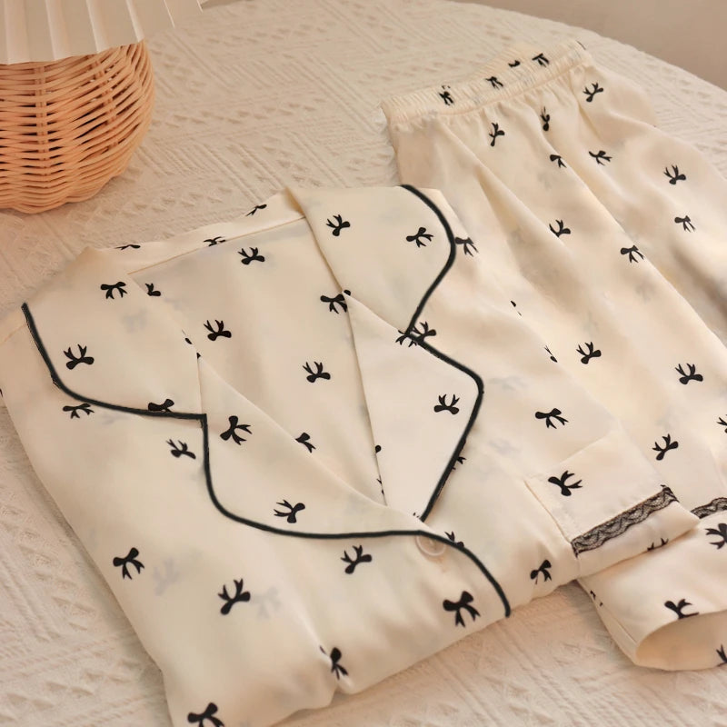 Sweet Cute Lace Flower Side Bow Print Women's Pajamas Simulated Silk Short Summer Cool Lady Lounges 2024 New Classy Y2k Homewear