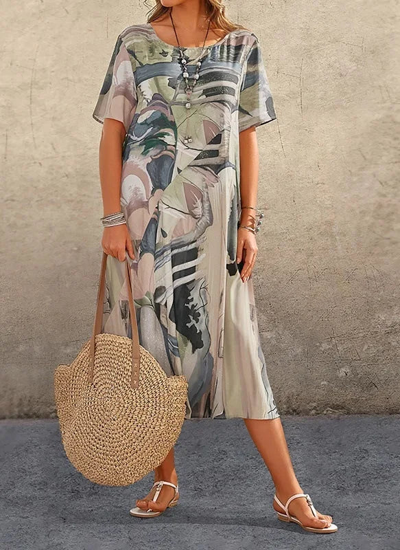 Plus size European and American cross-border summer dress casual short sleeve round neck print loose dress