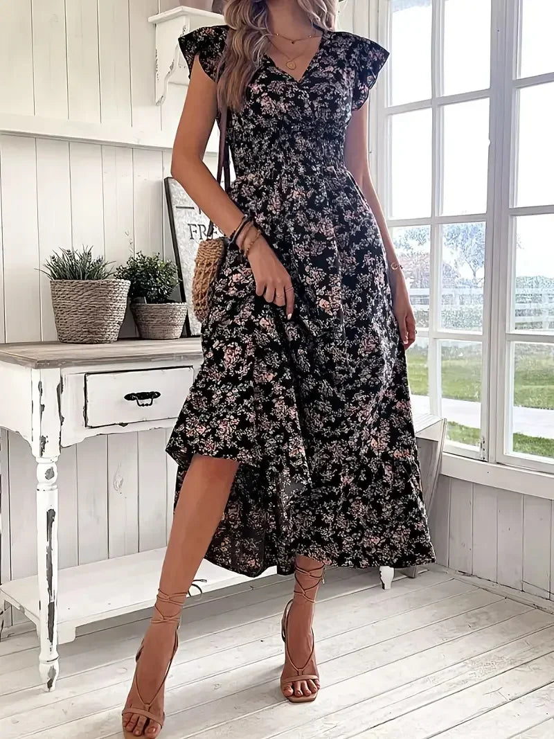 Plus Size 1XL-5XL Women's Fashion Summer Floral Print V-Neck Ruffle Hem Dress Ladies Short Sleeve Elegant Flare Dress Long Dress