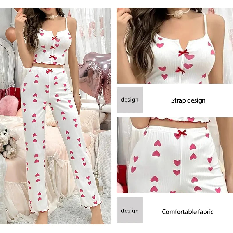 Women's Sexy Two-Piece Pajama Set Printed Lace Patchwork V-Neck Strap Top with Back Lace Detail Comfortable Sleepwear