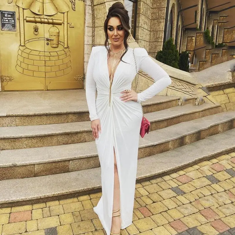 Ladies New Ruched Elegant Dress Long Sleeve V-Neck Side Slit Bodycon Long Dresses Evening Party Club Fashion Women Fall Outfits