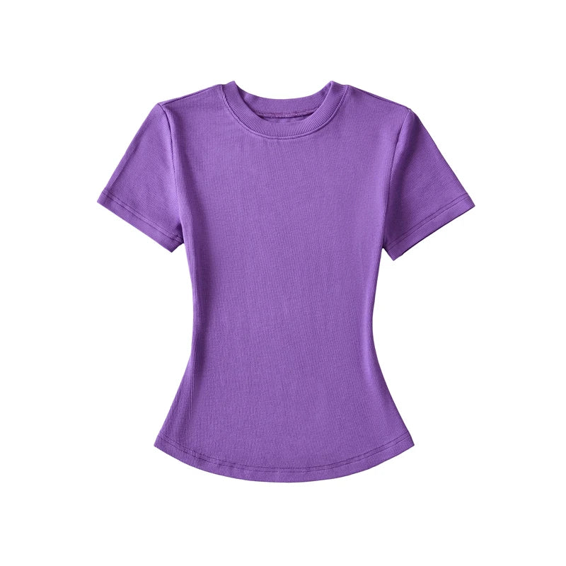 LUNDUNSHIJIA 2024 Summer Sexy Women Basic O-neck Short Sleeve T-shirt Ladies Slim Elasticity Cotton Tee Tops 12 Colors