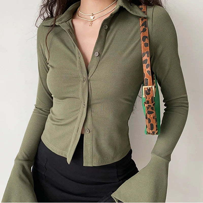 Blouses Polo Lapel Single-Breasted Flared Collar Solid Sleeve Shirt Five-Color Women's Slim Long-Sleeve Women's Autumn Clothing