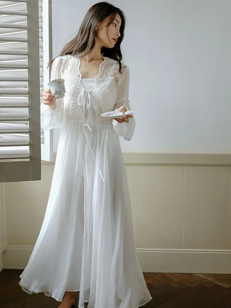 Princess Fairy Night Dress Robe French Morning Gown Lace Mesh Ruffles Vintage Sexy Two-piece Nightgown Female Spring Summer
