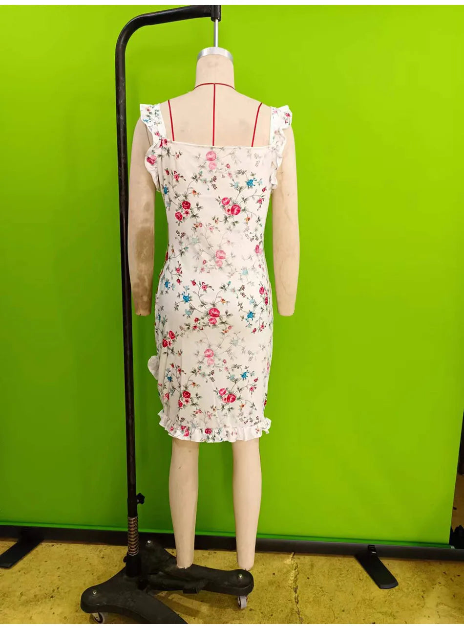 Summer Sexy Floral Bodycon Mini Dress Women 2024 Fashion Sleeveless Bandage Tunics Party Dresses Casual Red Ruffles Sundress