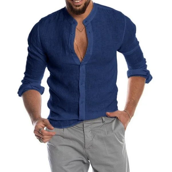 2023 New Men's Solid Color Linen Long Sleeve Shirt Stand Collar Cardigan Long Sleeve Loose Men's Shirt