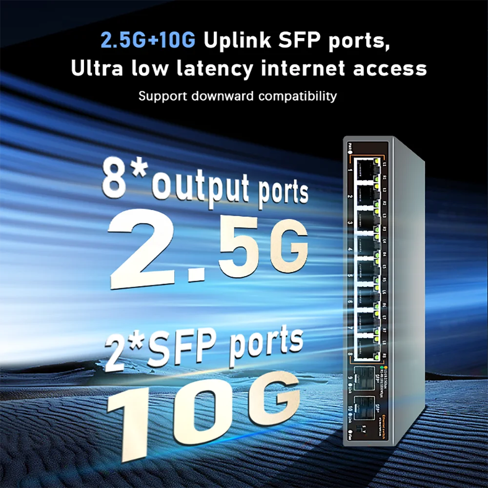8+2 Ports 2.5G Ethernet Network Switch 2500BASE-TX Switch with 2*10G SFP Port for IP Camera/CCTV Security