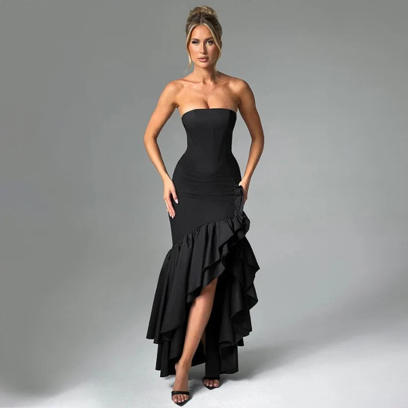 Ladies Summer Ruffle New Fashion Elegant Evening Party Dress Women Sleeveless Backless Tube Bodycon Maxi Dresses Female Clubwear
