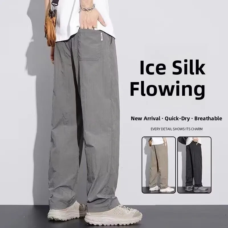 Summer Thin Casual Long Pants Ice Silk Qui Dry Men's Loose Straight Leg Trendy Brand Wide Leg Sports Pants