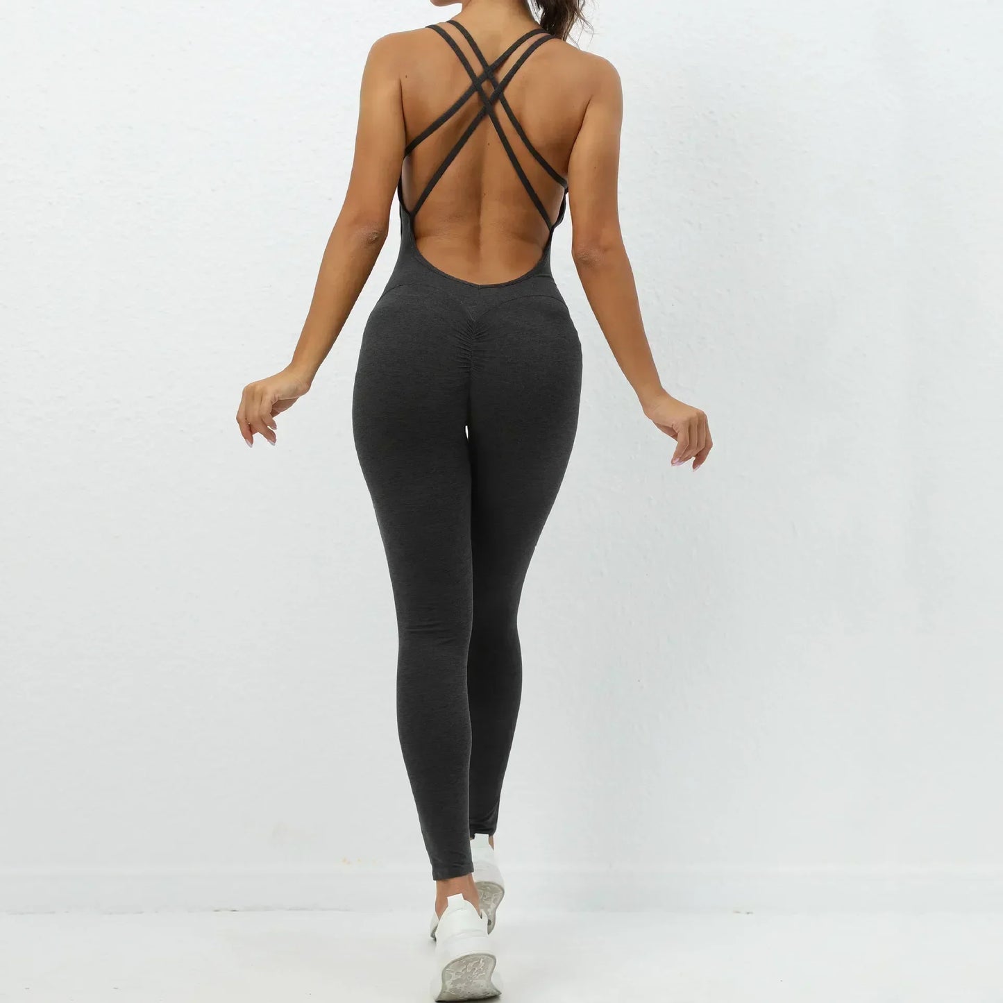 Sexy Backless Bodycon Scrunch Jumpsuit Raises Butt Women Dance Fitness Overalls for Women Sleeveless Yoga Sport Jump Suit Black