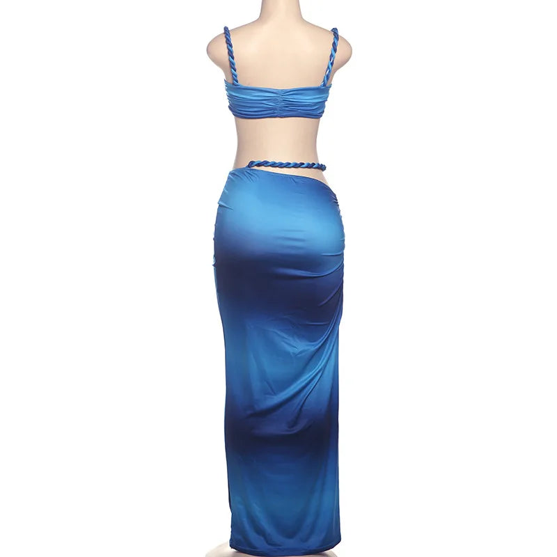 Ladies Summer Party 2 Piece Skirt Set Women Sleeveless Backless Crop Top Long Skirts Matching Sets Club Streetwear Woman Clothes