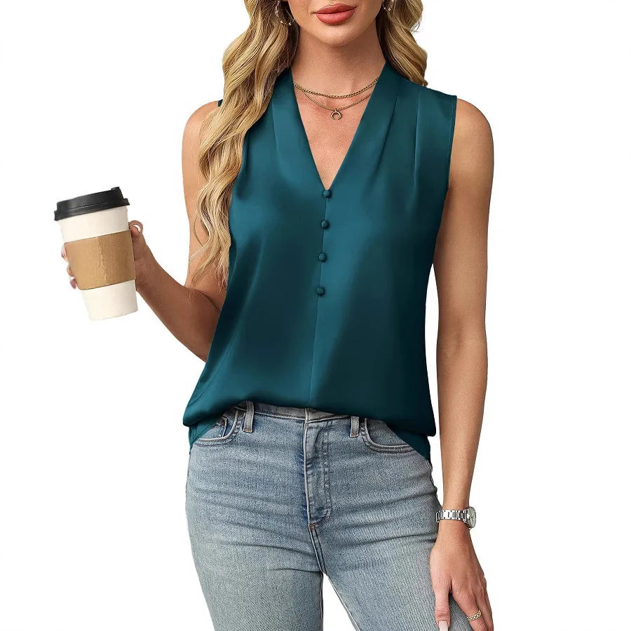 Summer Women's Shirt Sleeveless Satin V-neck Button Straight Top Fashion Office Simple Inner Wear Basic Vest