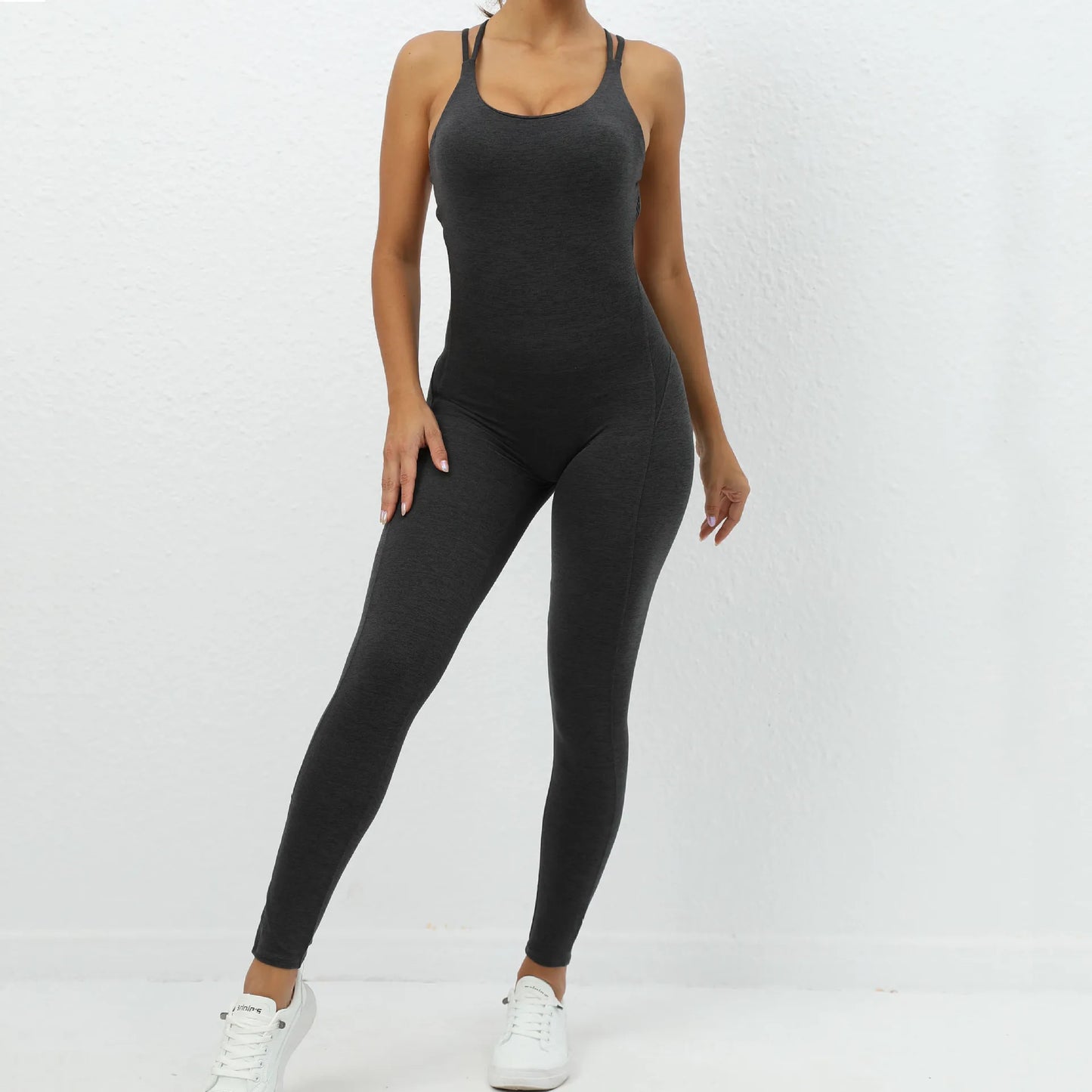 Sexy Backless Bodycon Scrunch Jumpsuit Raises Butt Women Dance Fitness Overalls for Women Sleeveless Yoga Sport Jump Suit Black