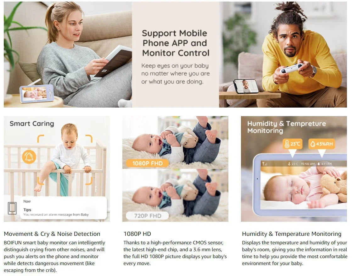 Tuya Smart Wireless Video Baby Monitors 5" 1080P Display Temperature Detection APP View Control Baby Nanny 2-Way Audio Baby Cam