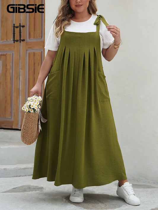 GIBSIE Plus Size Solid Tie Shoulder Overalls Dress For Women