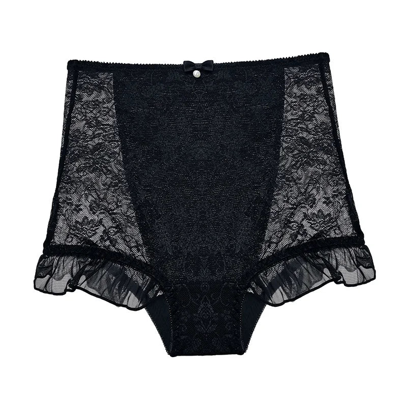 SP&CITY High Waist Flower Embroidery Sexy Lace Women's Underwear Transparent Shorts Mesh Hollowed Panties Ruffle Seamless Briefs
