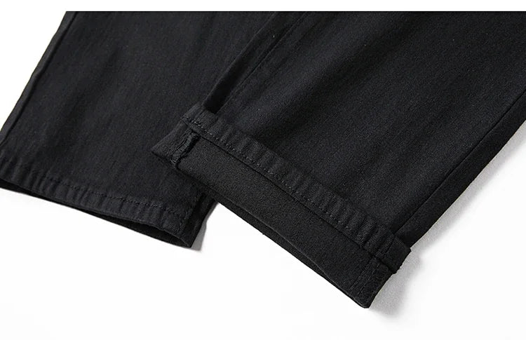 Men's Pure Black Slim Jeans Elastic Straight Pants Business Fashion Leisure Korean Vintage Skinny Small Feet Denim Pants Male