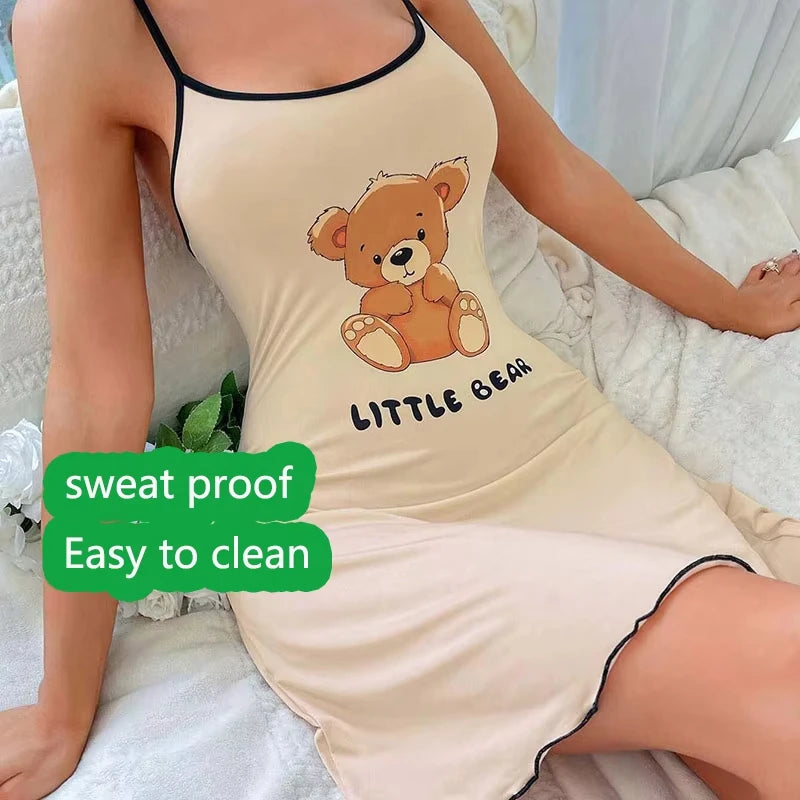 New Womens Sexy Little Bear Print Nightgown Cute Cami Sleep Dress Mini Spaghetti Strap Lettuce Hem Contrast Trim Loungewear