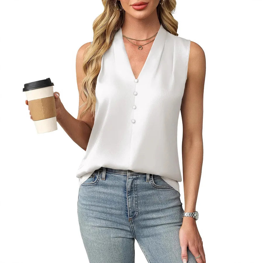 Summer Women's Shirt Sleeveless Satin V-neck Button Straight Top Fashion Office Simple Inner Wear Basic Vest