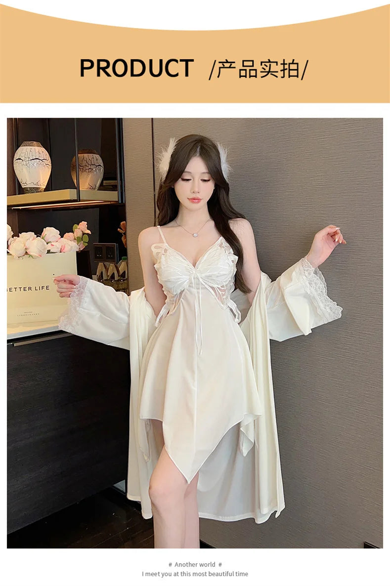 Summer Sling Lace Women's Underwear Two-Pieces Set Satin Silk Sleepwear Butterfly Embroidery Backless Nightdress