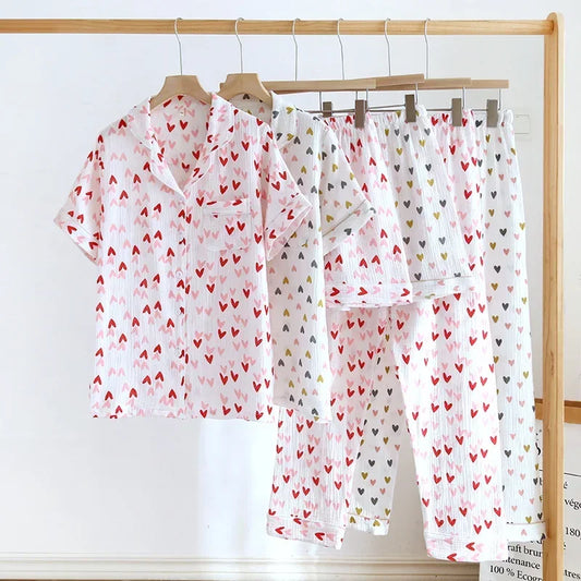 Small Love Heart Printed Cotton Pajamas for Women Three Piece Set Spring and Summer Short Sleeved Shorts Homewear Long Pants Set