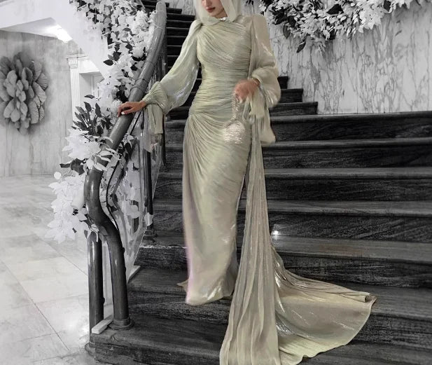 Elegant Solid Color Hooded Sparkling Flowing Sand Dress for Women, Elegant Solid Color Trailing High Waisted Long Sleeved Dress