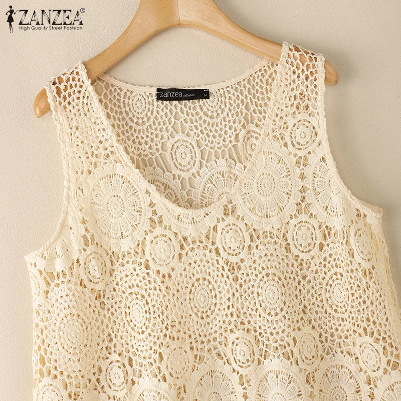 2025 Women Sleeveless Tanks Tops ZANZEA Summer Bohemain Lace Crochet Blouse Casual Loose Camis Fashion Holiday Beach Shirt Mujer
