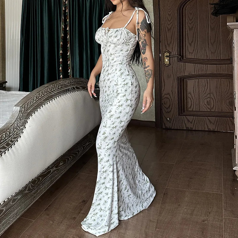 Ladies Summer Floral Print New Fashion Evening Party Dress Sleeveless Backless Sexy Long Dresses Woman Clothes Birthday Clubwear