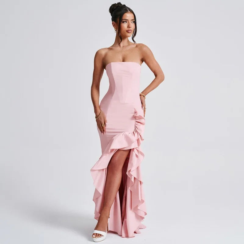Ladies Summer Ruffle New Fashion Elegant Evening Party Dress Women Sleeveless Backless Tube Bodycon Maxi Dresses Female Clubwear