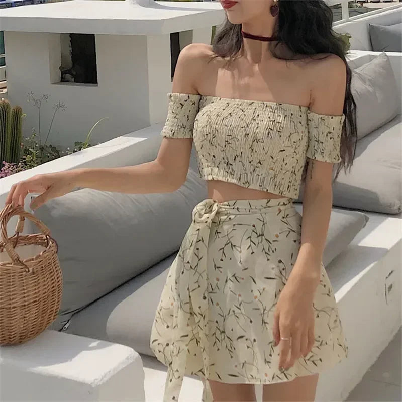 Summer Floral Fashion 2 Piece Sets Women Slash Neck Off Shoulder Shirt Crop Top&High Waist Mini Skirt Small Girl 2pc Dress Suits