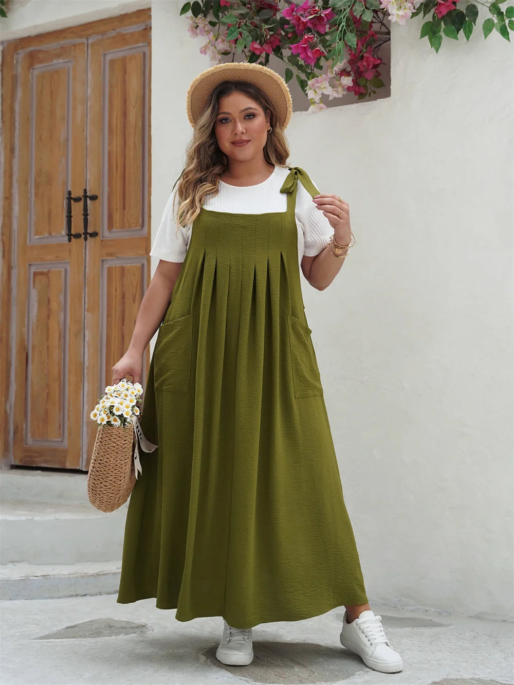 GIBSIE Plus Size Solid Tie Shoulder Overalls Dress For Women