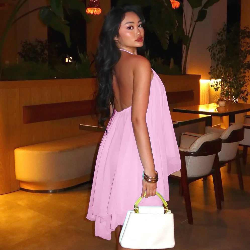 Ladies Summer Chiffon New Fashion Clubwear Dress Women Sleeveless Backless Halter Mini Dresses Birthday Party Streetwear Clothes