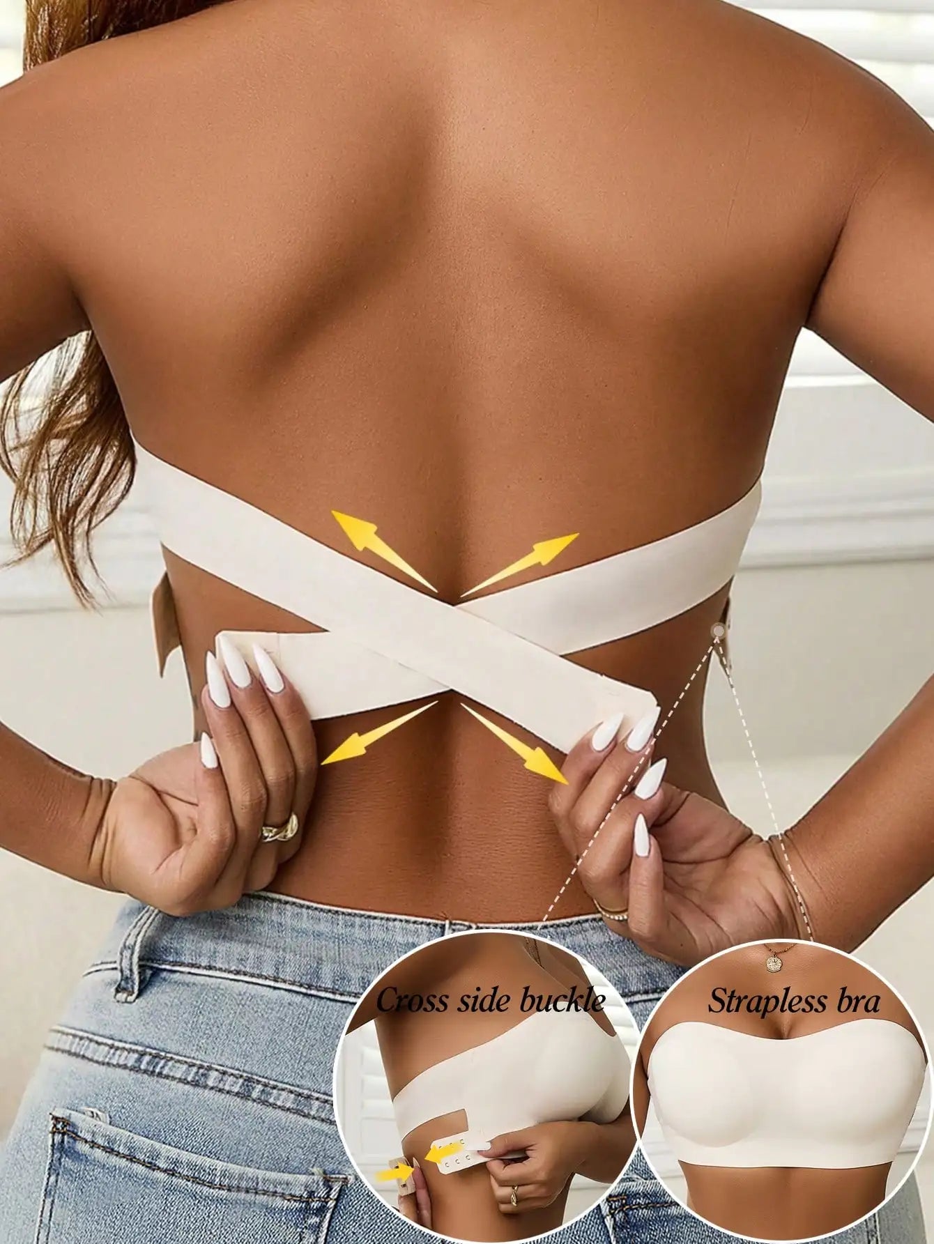 Women's Seamless Strapless Bra Sexy Side Closure Bra Seamless Criss Cross Back Solid Wireless Bralette Soft Chest Pad Comfy Bra