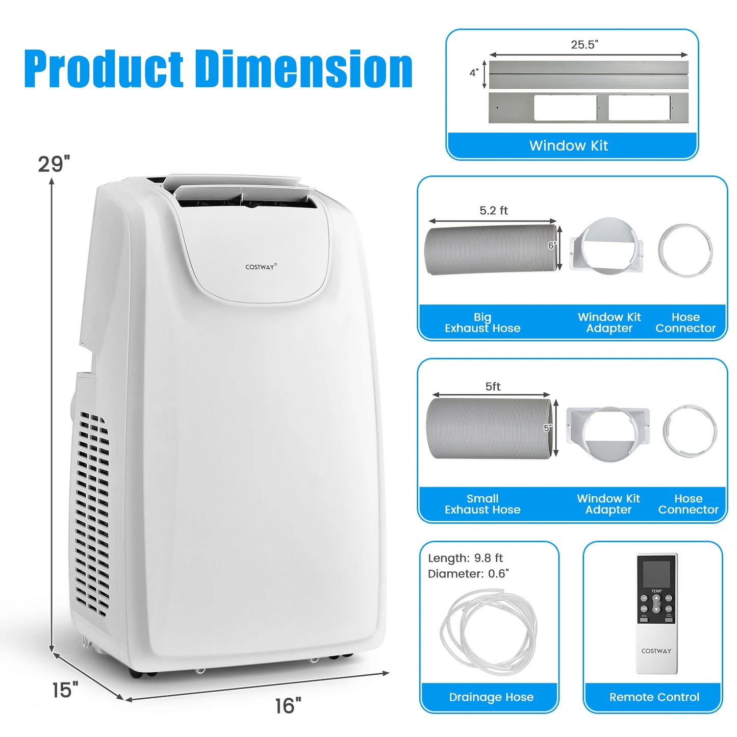 12,000 BTU Dual Hose Portable Air Conditioner 3-in-1 AC Unit w/ Remote Control