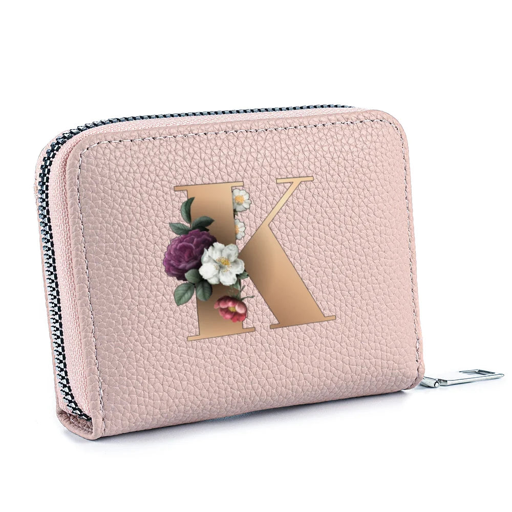 Fashionable Multi Functional 26-Letter Printed Pink Zipper Coin Purse And Credit Card Holder For Women