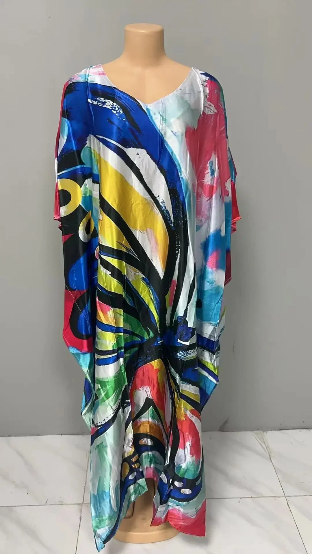 Comfortable plus Size Women's Dress Floral Print Loose Waist Long Skirt Batwing Sleeve V Neck Ankle Length Elegant Fashion