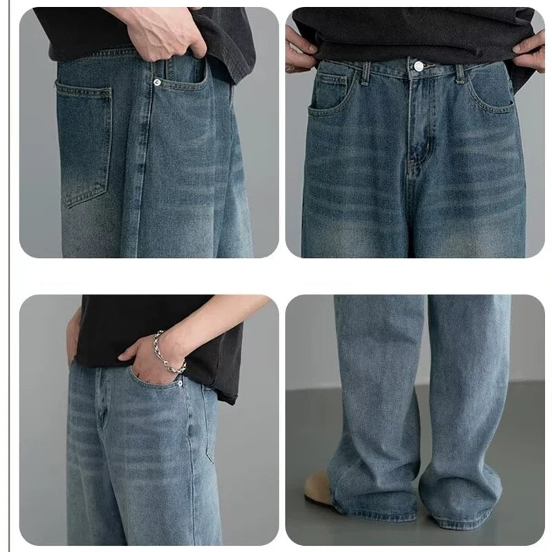 Men Classic Straight Leg Casual Jeans Male Brand Wide Leg Black Denim Pants Simple Vintage Outside High Street Denim Trousers