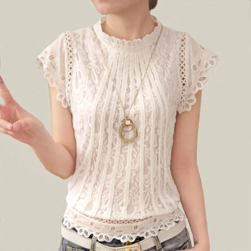 Summer Casual Solid Blouses for Women Petal Sleeve Floral Lace Tops Sweet Chiffon O-neck Short Shirts Elegant Chic New 01C