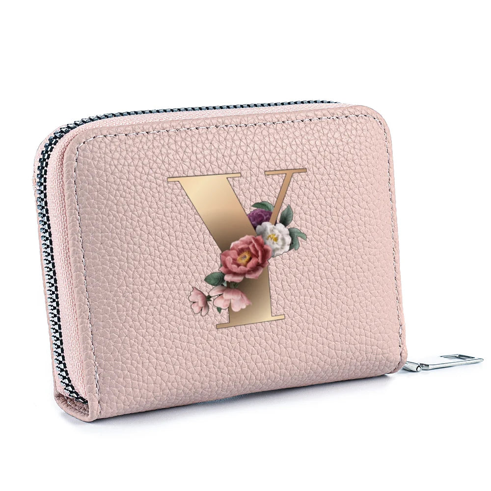 Fashionable Multi Functional 26-Letter Printed Pink Zipper Coin Purse And Credit Card Holder For Women
