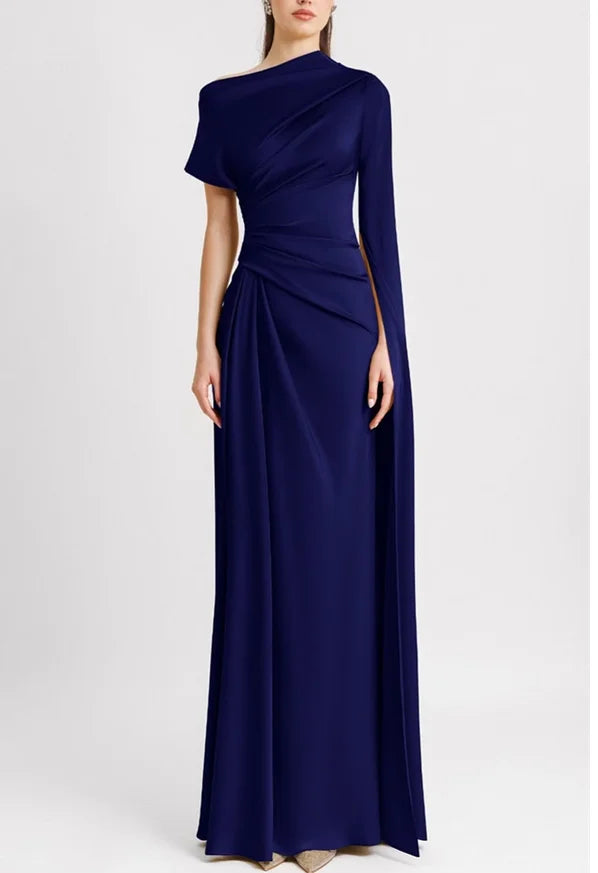 Women's Dress Solid Color Slanted Collar Raglan Sleeves Pleated Waist Long Skirt Temperament Commuting Retro Elegance Long Dress