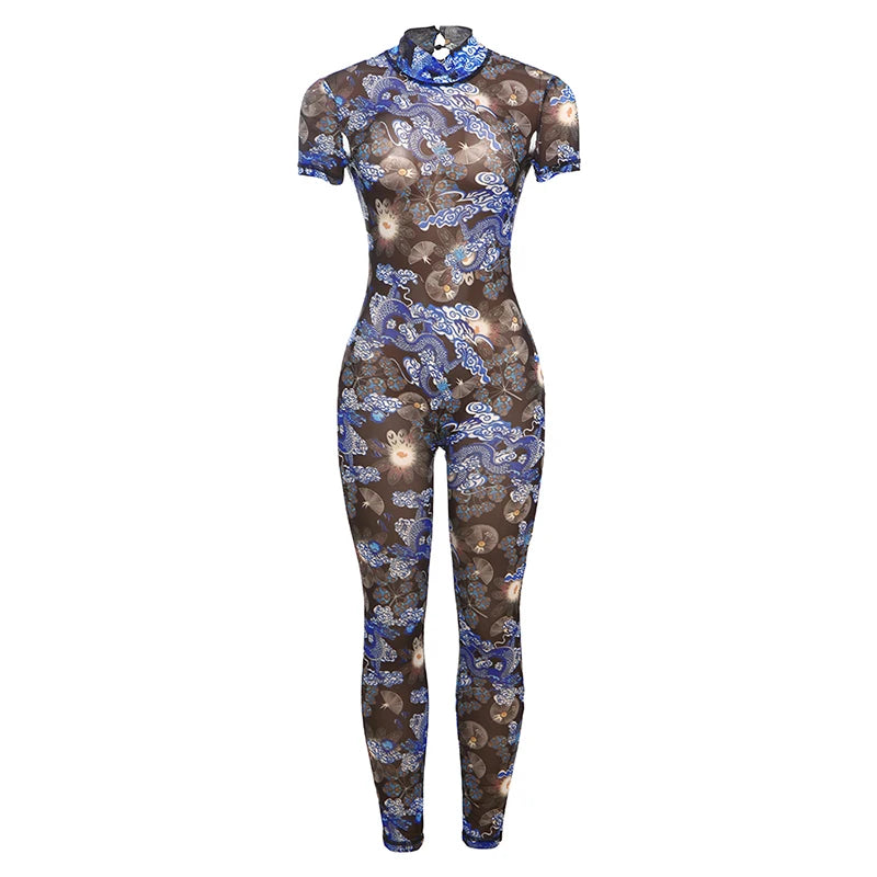 Nibber Colorful Print Jumpsuit Women Mesh  See Through Coquette Summer Backless Peach Buttocks Tight Activity Clubwear Overalls