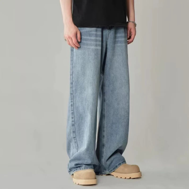 Men Classic Straight Leg Casual Jeans Male Brand Wide Leg Black Denim Pants Simple Vintage Outside High Street Denim Trousers